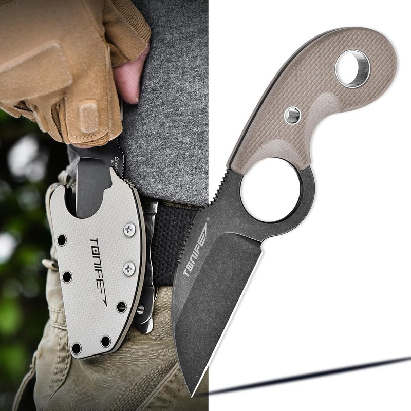 TONIFE Small Fixed Blade Knife Full Tang EDC Camping with Sheath Lanyard and Clip, Blade Length 2.17",2.5 oz.with Sheath (Warm Sand - Black Oxide then Stonewash) - Image 3